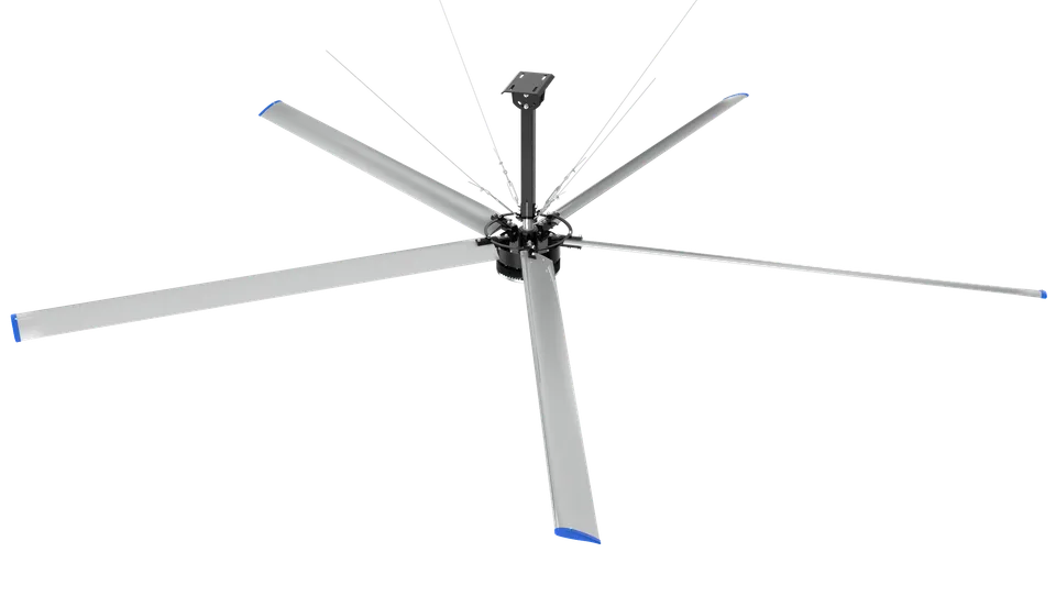 Ventilador HVLS con sus sistemas de seguridad: anclaje, cables de acero, protección del motor y enlace entre aspas